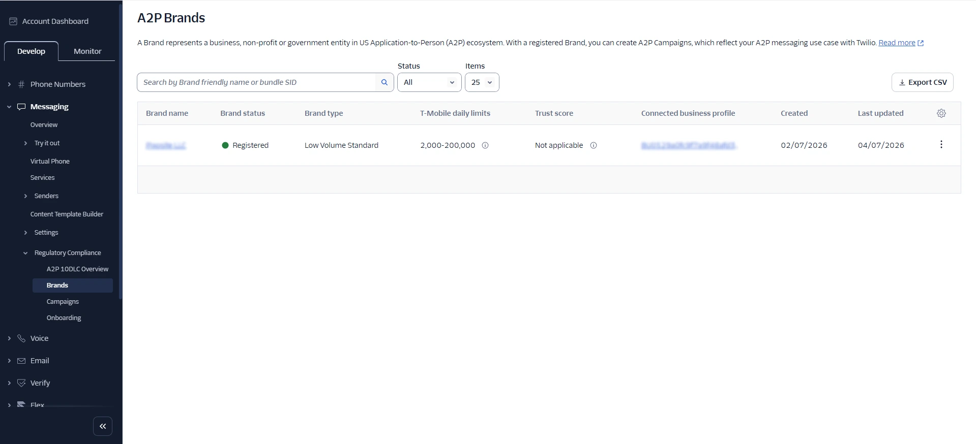 Twilio A2P Brand  approval screenshot