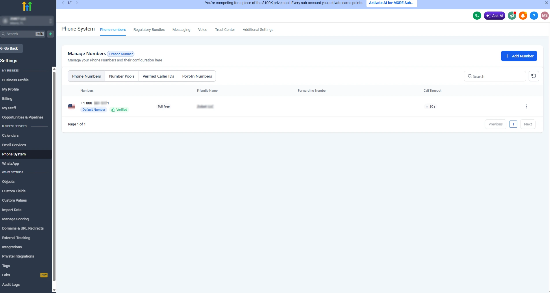 GHL Toll Free approval screenshot